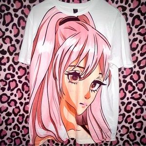 unworn super dope pink haired anime girl streetwear aesthetic white shein shirt